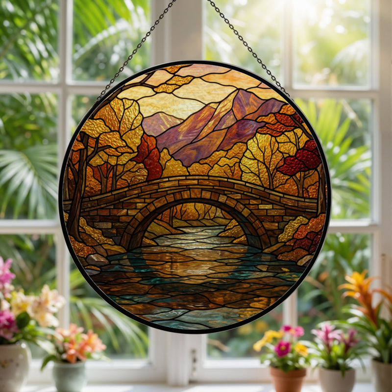 7.8"H Autumn Landscape Stained Glass Window Panel