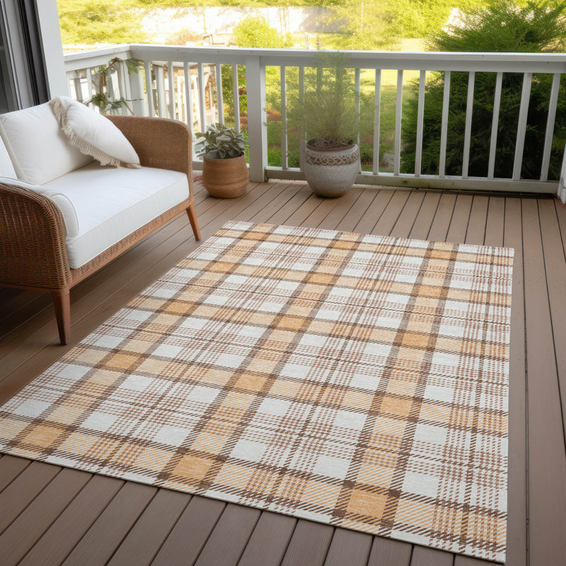 Peach and Beige Plaid Washable Synthetic Rug, 3' x 5'