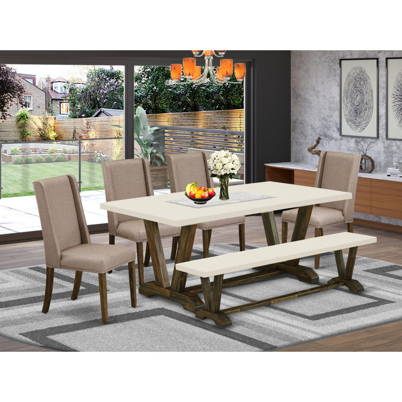 Ensemble de table de cuisine 5 pièces comprenant 4 chaises de salle à manger Parson avec siège à clous rembourrés et dossier de chaise élégant et table de salle à manger rectangulaire avec plateau Jacobean patiné