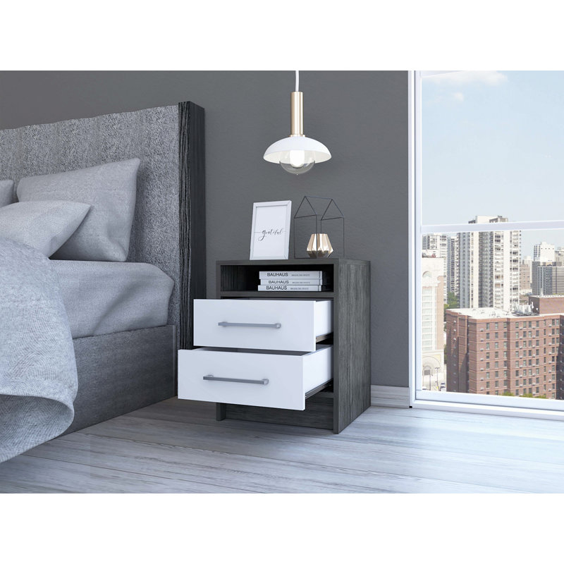 Table de chevet, table de bout, plateau supérieur Eter, deux tiroirs Eter, Gris multicolore