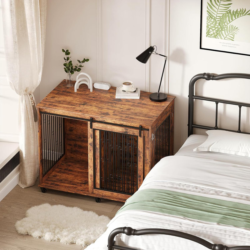 Anti-Bite Dog Crate Cage Furniture Sliding Barn Door, Dog Kennel End Table W/ Wheels & Flip-Top Plate Dog House Detachable Divider