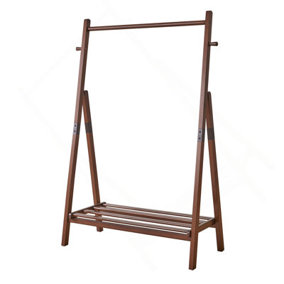 Heavy-Duty Solid Wood Freestanding Clothes Rack, 39.37 x 17.72 x 62.4 Inch, A-Shaped Garment Hanger Stand with Bottom Storage Shelf and Side Hooks, Clothing Display Rack for Bedroom and Hallway