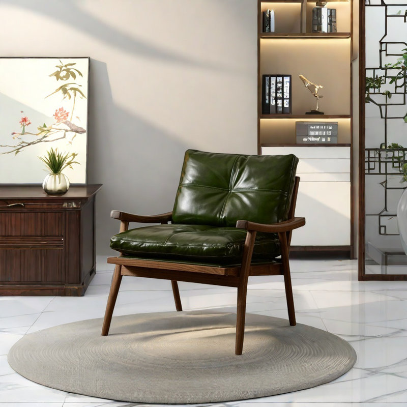Chaise ergonomique en similicuir avec accoudoirs en bois, Cuir synthétique vert