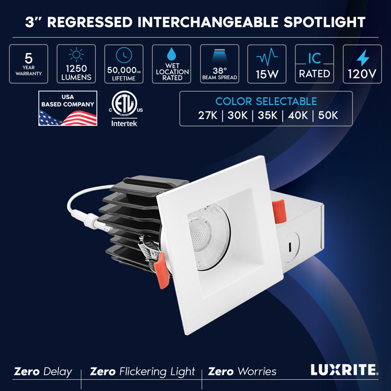 LuxRITE 3 po Projecteur DEL sans cadre à DEL régressé + garniture carrée blanche, 5 carats, Twist N 'Lock, 15 W, 1250LM, CRI90, à intensité variable, faisceau de 38 °, IC et humide