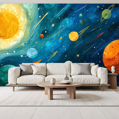 sci-fi Peel and Stick Wallpaper Solar Planets Fantasy Universe Space Design Bright Sun Planets Rings Wall Murals 69"H x 96"W Removable PVC Wall Paper Self-Adhesive Wall Decor for Bedroom Living Room Home Office