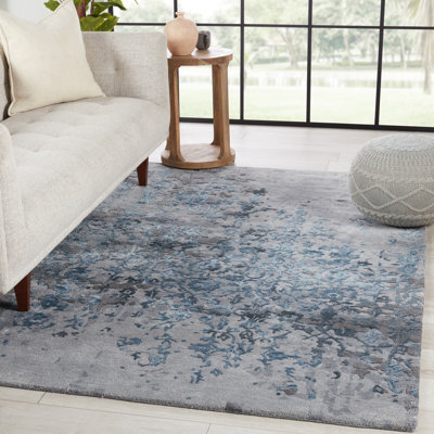 Tapis bleu en viscose noué à la main de conception unique 8 pi x 10 pi New Age
