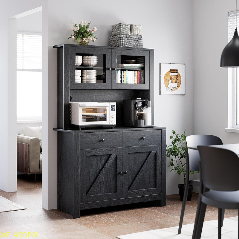 Armoire de cuisine multifonctionnelle avec support pour micro-ondes et bar à café, Noir