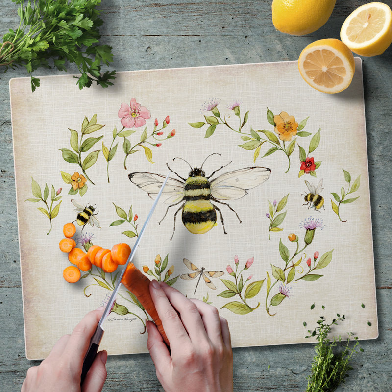 Bee Wreath Rectangular Tempered Glass Cutting Board 15" x 12"