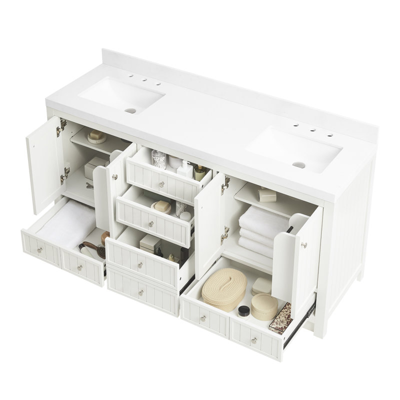 Meuble-lavabo 36 po avec comptoir en quartz blanc Thassos Aula, Blanc perle, 72"