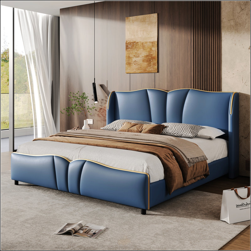 Base de lit rembourrée en cuir pour grand lit, Bleu antique, Grand lit