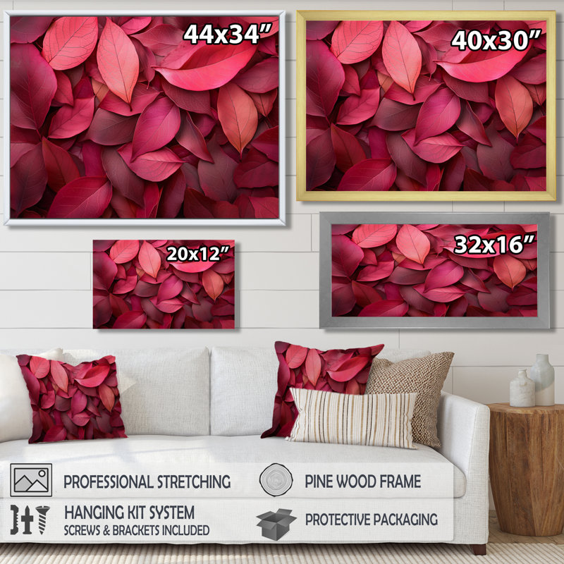 Ifzal Crimson Leaves Dancing Rose II - feuilles, art mural, H 12 po x l 20 po, Impression encadrée flottante, Argent argent