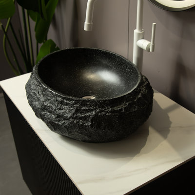 Lavabo de salle de bain 18 po Luna, vasque irrégulière ovale en résine avec motif de pierre, lavabo de style artistique, sans robinet, gris foncé