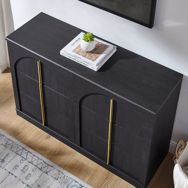 Modern 6 Drawer Dresser, Wood Wide Chest Of Drawers With Arched Style, Black, Black