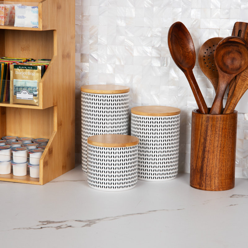 Scandinavian Ceramic Canister Set with Wooden Lids, Black and White
