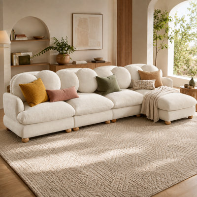 Canapé modulaire en L en chenille 4 places avec repose-pieds mobile Champlost, canapé profond avec 8 coussins décoratifs, dossier / accoudoirs arrondis, pieds en bois massif pour le salon