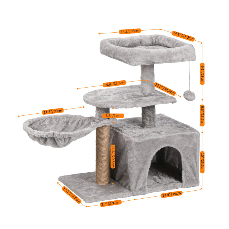  Arbre à chat 28 po pour chatons, tour pour chat avec tableau à griffer, perchoir rembourré, panier, gris