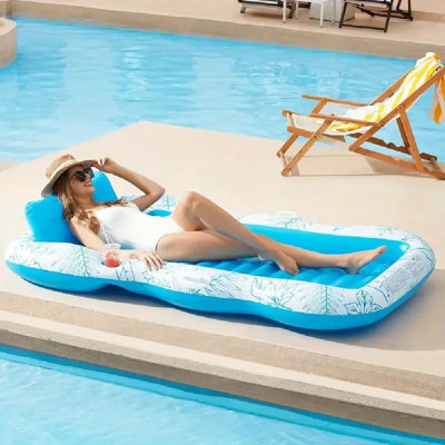 Inflatable Adult Pool Lounger - Large 3-Level Beach Sun Tanning Float With Drink Holder, Sea Blue Oval Design For Pool, Lake & River Sunbathing - Durable Lightweight & Portable For Parties, Music Festivals, Vacation & Music Festivals, Sun Lounger, Poolsid
