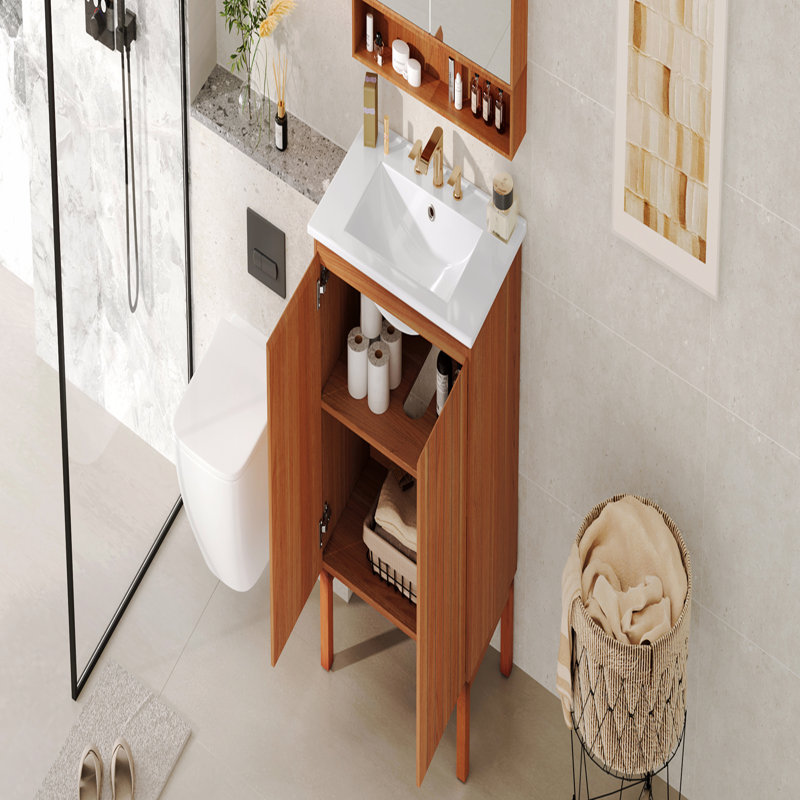 Meuble-lavabo moderne avec lavabo en céramique, portes à poignée libre 45 degrés, meuble-lavabo à rayures verticales avec grand espace de rangement