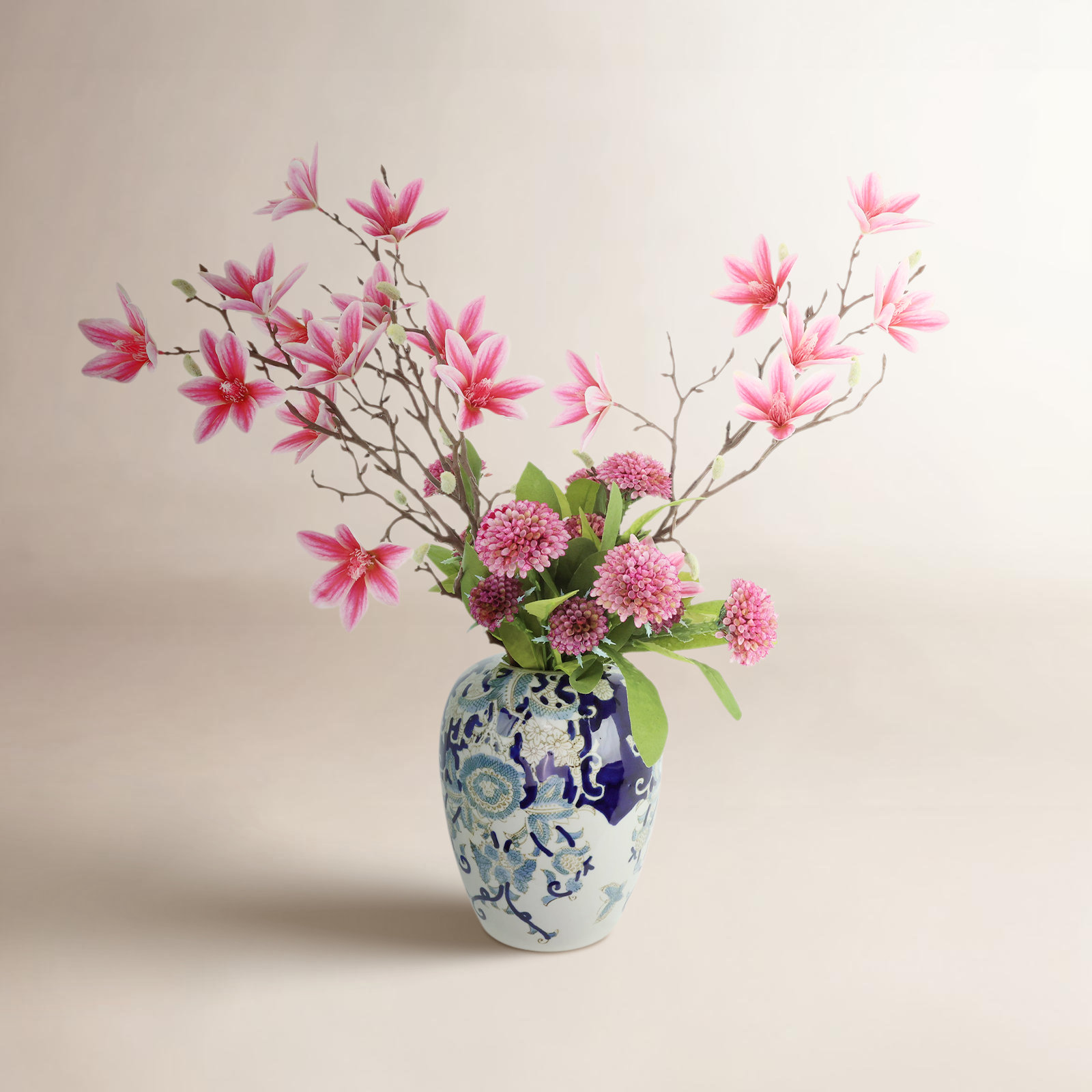 Magnolia and Dahlia Arranged in a Decorated Ceramic Vase