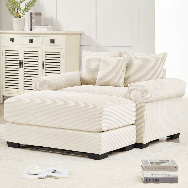 Canapé rembourré en velours côtelé avec repose-pieds, Blanc