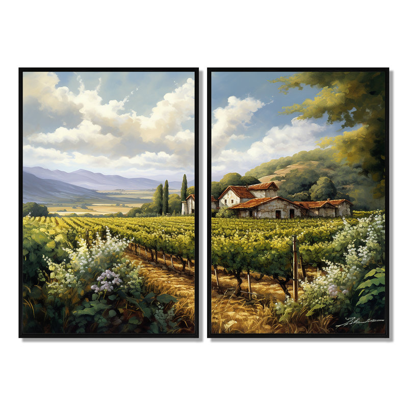 Vineyard Charm Landscape I - Beige, impressions d'art traditionnelles sur toile, Noir, 36" H x 48" W