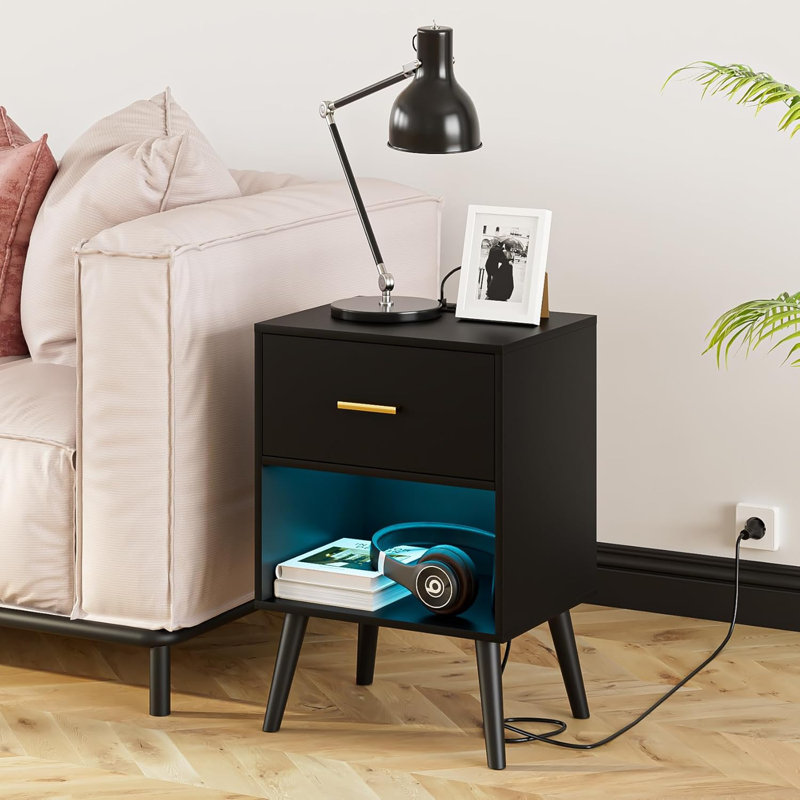 Modern Nightstand With Charging Station, LED Light, Drawer, And Open Shelf For Bedroom