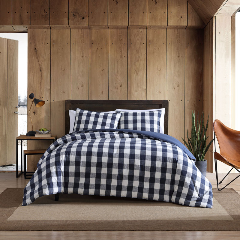 Twin Blue and White Plaid Cotton Duvet Cover Set