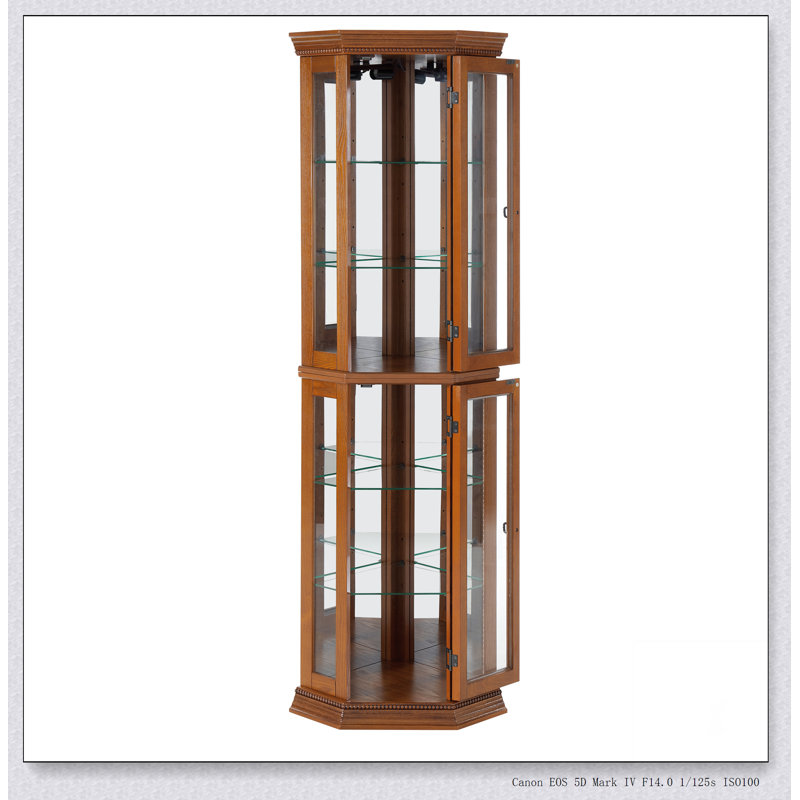 Vitrine de coin avec lumières, tablettes réglables en verre trempé, dos en miroir, vitrine