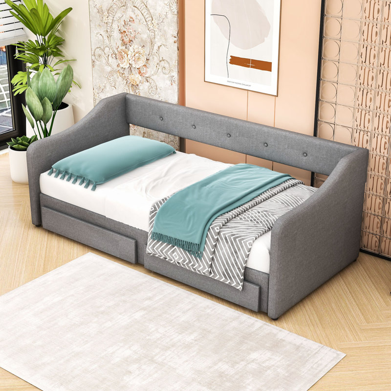 Twin XL Upholstered Daybed with 2 Drawers, Gray