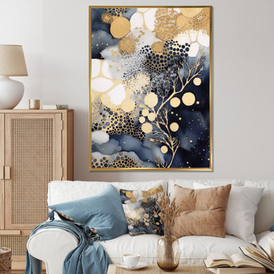 «Pastel Abstract» avec des taches bleues noires et dorées sur toile encadrée