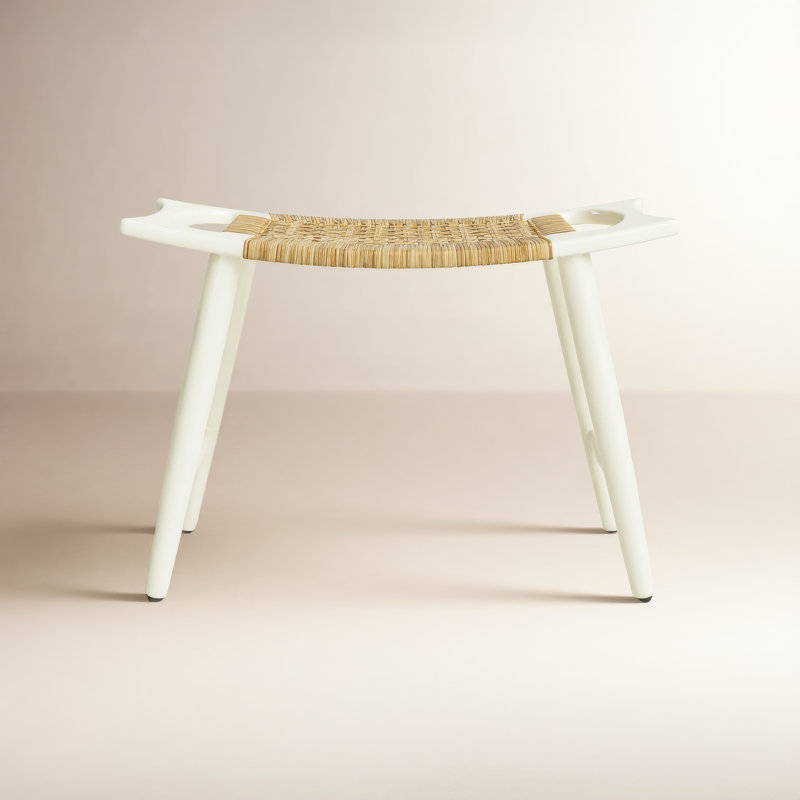 Tristan Natural Wood & Rattan Stool, White
