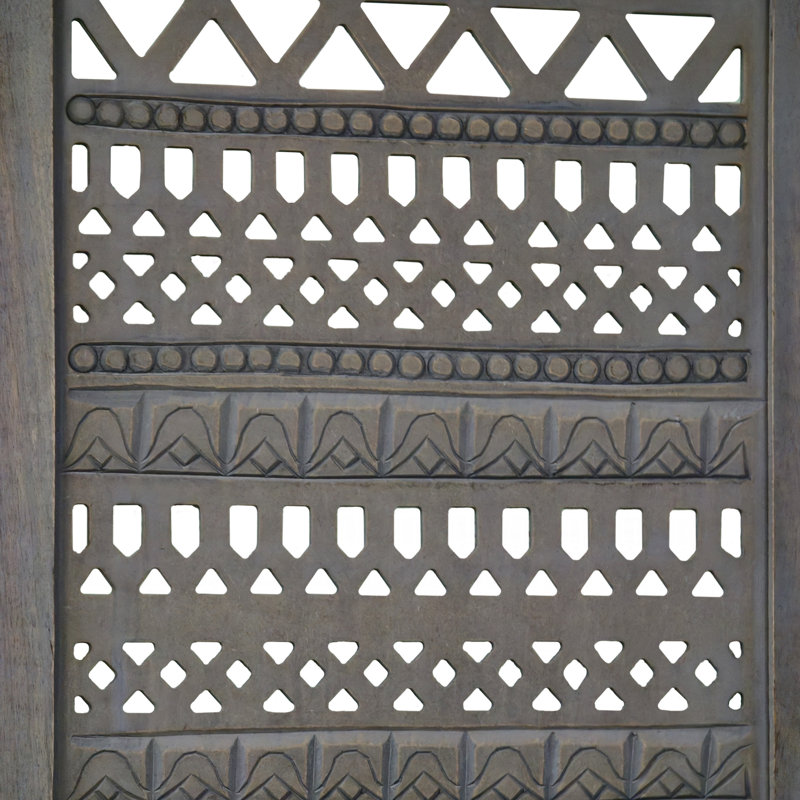 Paravent 3 panneaux Jareo, bois de manguier gris antique, motif géométrique découpé