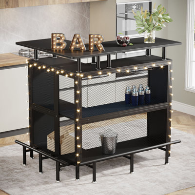 Unité de bar en forme de L 36 "x 48" avec repose-pieds - Armoire de coin moderne avec tablettes à 2 niveaux et supports en verre, mini table de bar industrielle noire pour la maison, la cuisine ou le pub