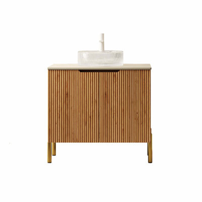 Freestanding Plywood Vanity Cabinet Matched With Patterned Glass Basin And Natural Stone Countertop
