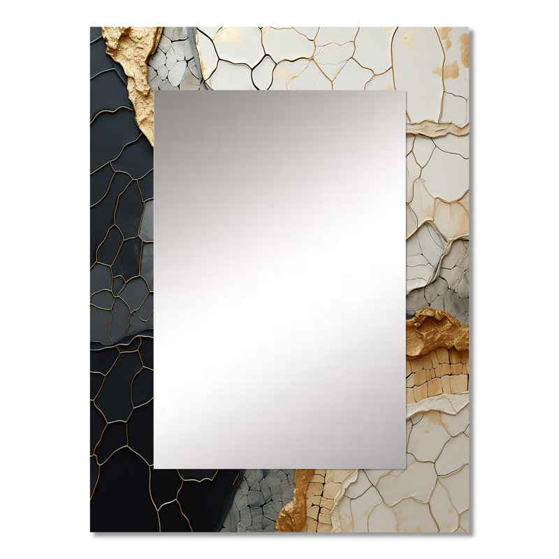 Black Gold Adorned Poteries VII - Abstract Spirals Unique Wall Mirror, Black Mirror, Printed Metal Art, 32" x 24"