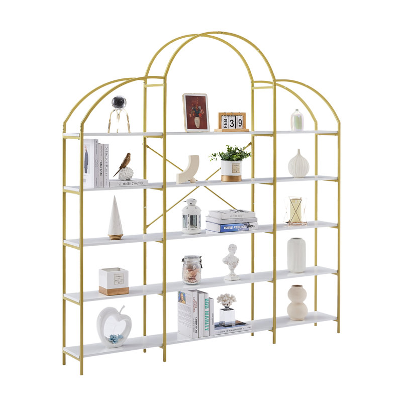74.8 Inch 5 Tiers Office Bookcase Bookshelf, Display Shelf With Round Top, X Bar Gold Frame