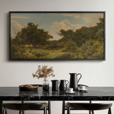 Très grande campagne rustique avec lumière dorée et arbres, impression de paysage de nature rétro