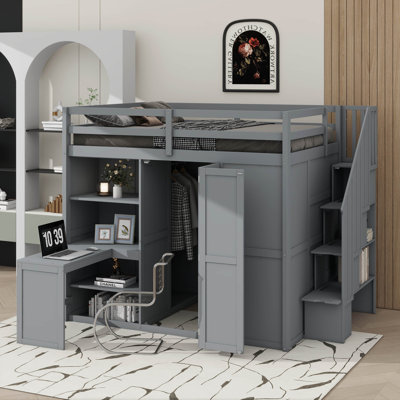 Full-Size Loft Bed Complete With Wardrobe, Desk, And Shelving Units