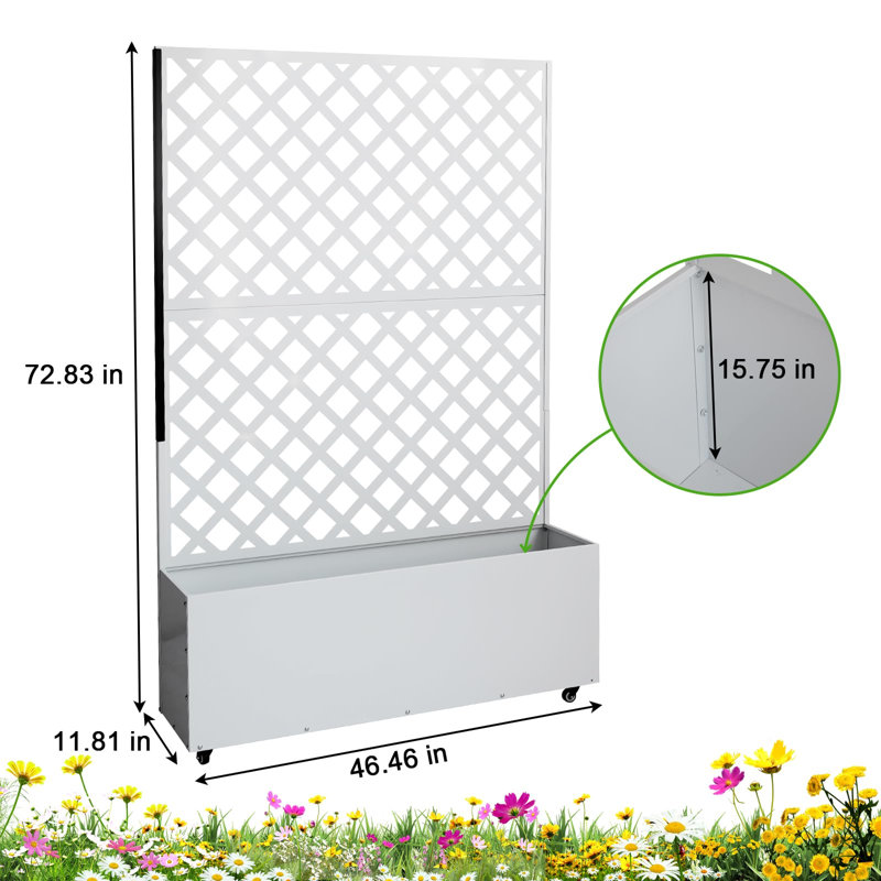 Metal Raised Planter Box with Trellis Privacy Screen, Patio Garden Bed with Wheels, Ideal for Climbing Plants, Vegetables, Flowers, Galvanized Steel, White, Diagonal Checkered Design