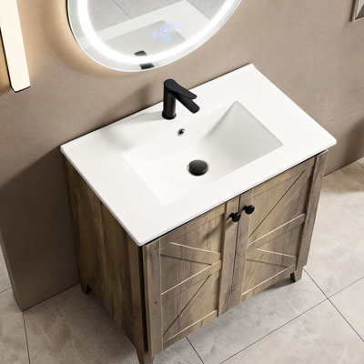 Armoire de plancher pliante gris antique de 30 pouces avec évier en céramique, conception pliable permettant d'économiser de l'espace, installation en une minute, charnières silencieuses de style américain à décor texturé 3D, facile à assembler