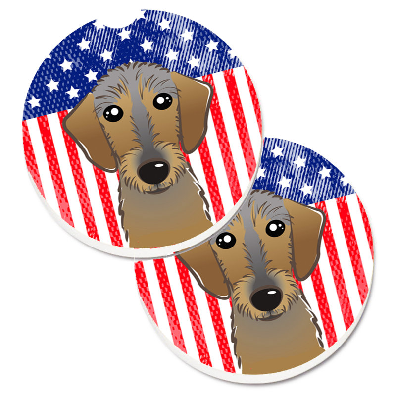 Ceramic Round 2 Piece Car Coaster Set, Wirehaired Dachshund