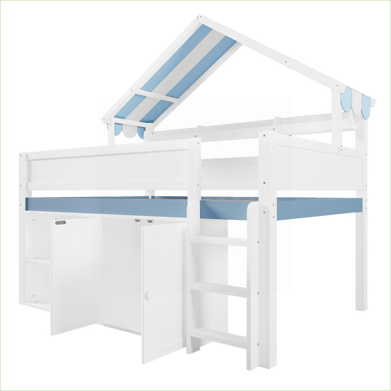 House Canopy Styled Full Size Solid Wood Loft Bed with Integrated Under-Bed Storage, Crisp White, White/Blue