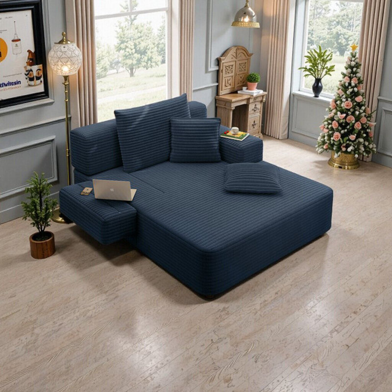 Chaise longue convertible Resta en velours côtelé duveteux avec poches de rangement et 3 coussins, Bleu