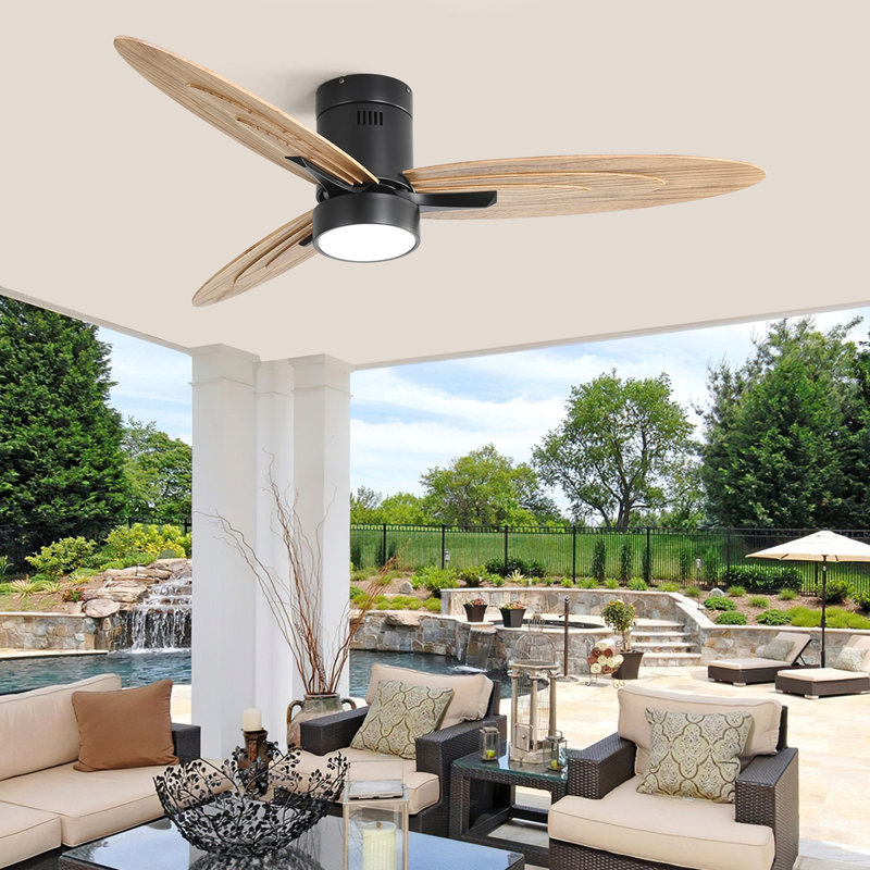56" Modern Flush Mount Solid Wood Ceiling Fan With Light And Remote Control