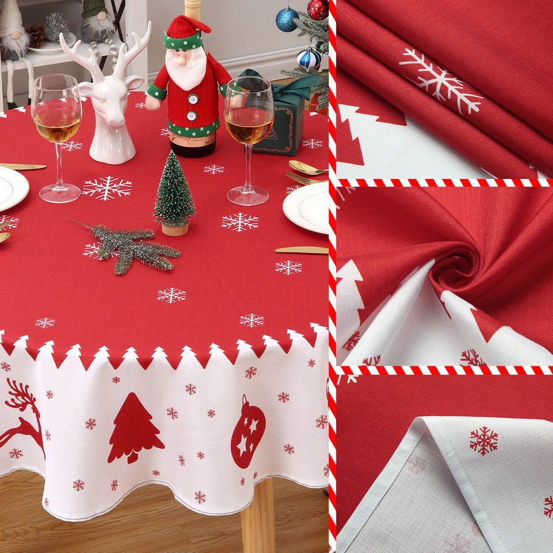 Christmas Tablecloth, Round Tablecloth, Snowflake and Reindeer Bell Print