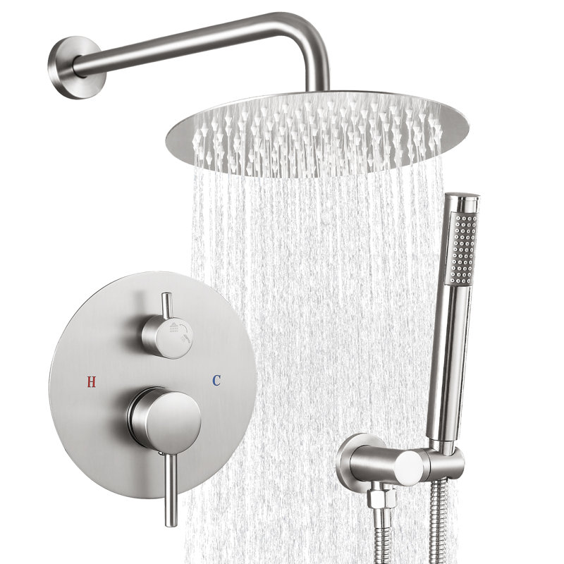 Système de douche rond moderne, pomme de douche à pluie avec douchette, ensemble de robinet de douche, Nickel brossé