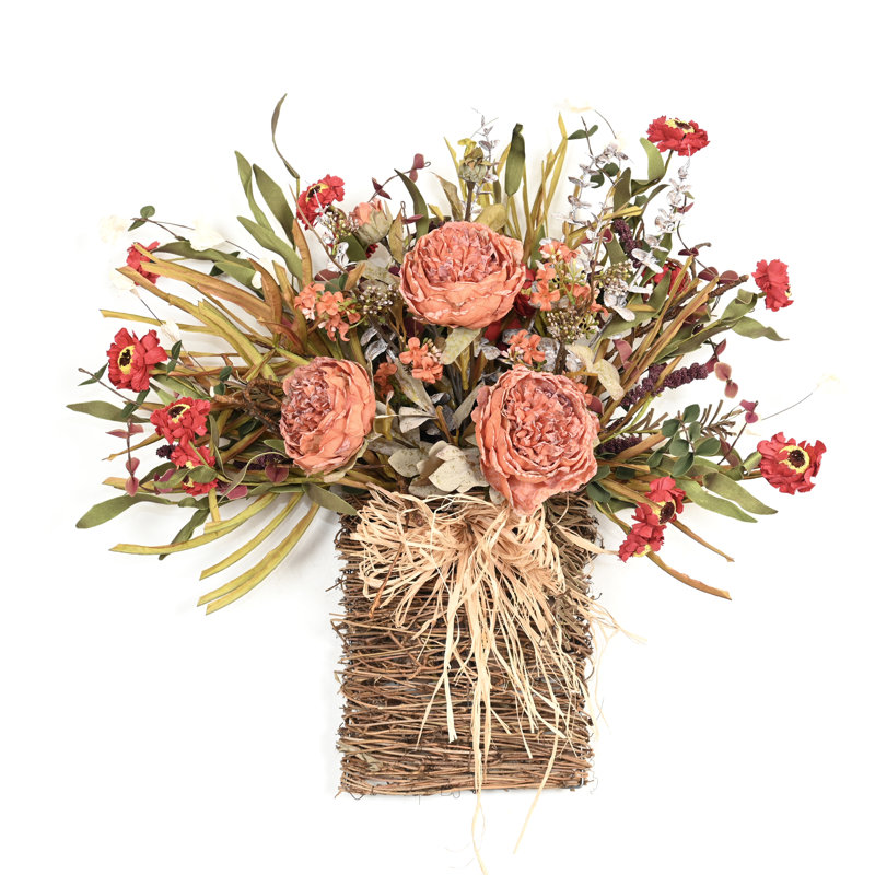 Décoration murale artificielle 24 "avec pivoines rustiques et nœuds en raphia naturel, Orange