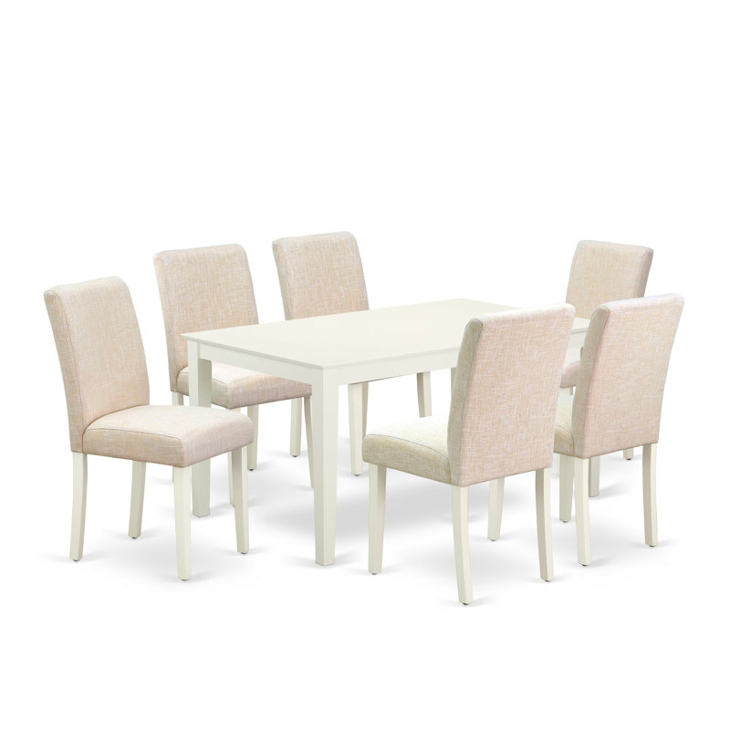 Ensemble de meubles de salle à manger 7 pièces comprenant une table de salle à manger rectangulaire et 6 chaises Parson rembourrées en tissu beige clair, 36 x 60 pouces, blanc lin