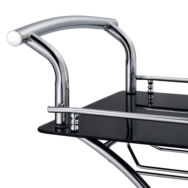 2 Black And Glass Shelf Bar Cart For Contemporary Dining Room, Featuring Storage 26.5 Inches Wide Metal With Offering Smooth Movement Additional Display, 34.56 Tall
