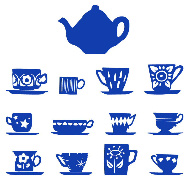 Décalcomanie murale tasses de thé, H 23 po x l 24 po x P 0,01 po, Bleu foncé